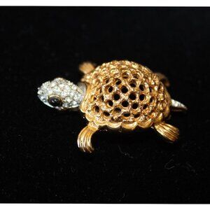 Vintage Turtle Brooch Rhinestone & Black Stone Signed Jomaz 9.8g Handmade unique